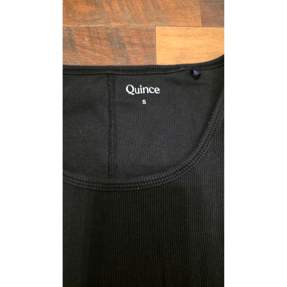 Quince Organic Cotton Black Ribbed Scoop Neck Elbow Sleeve Top Sz Sm Minimalist - Picture 3 of 4